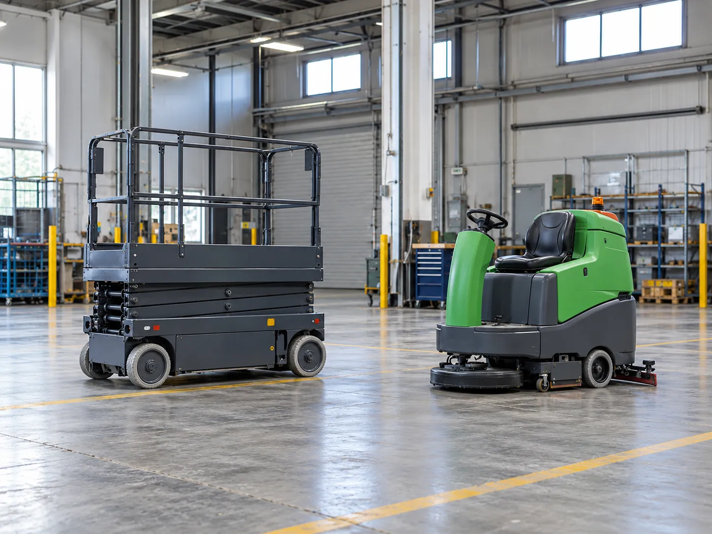 Lowered electric scissor lift and ride-on floor scrubber in a maintenance bay, application concept