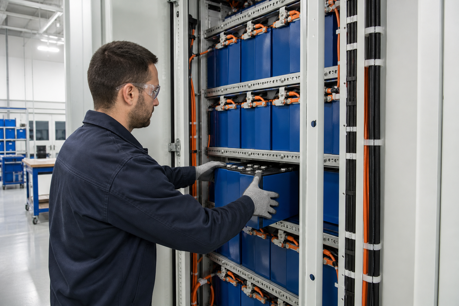 Technician installing prismatic LiFePO4 cells with proper clearance and cable management in a battery cabinet.