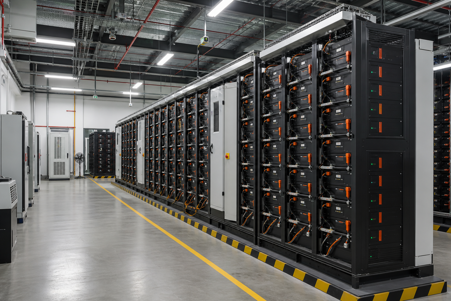 Industrial battery storage cabinets in a clean, organized factory environment, showing safe installation.