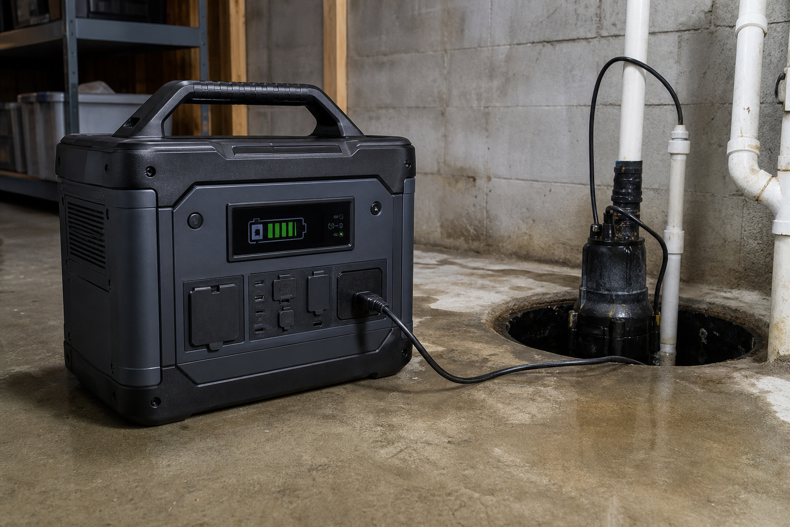 Portable power station connected to a sump pump in a commercial basement setting, showing battery and inverter equipment.
