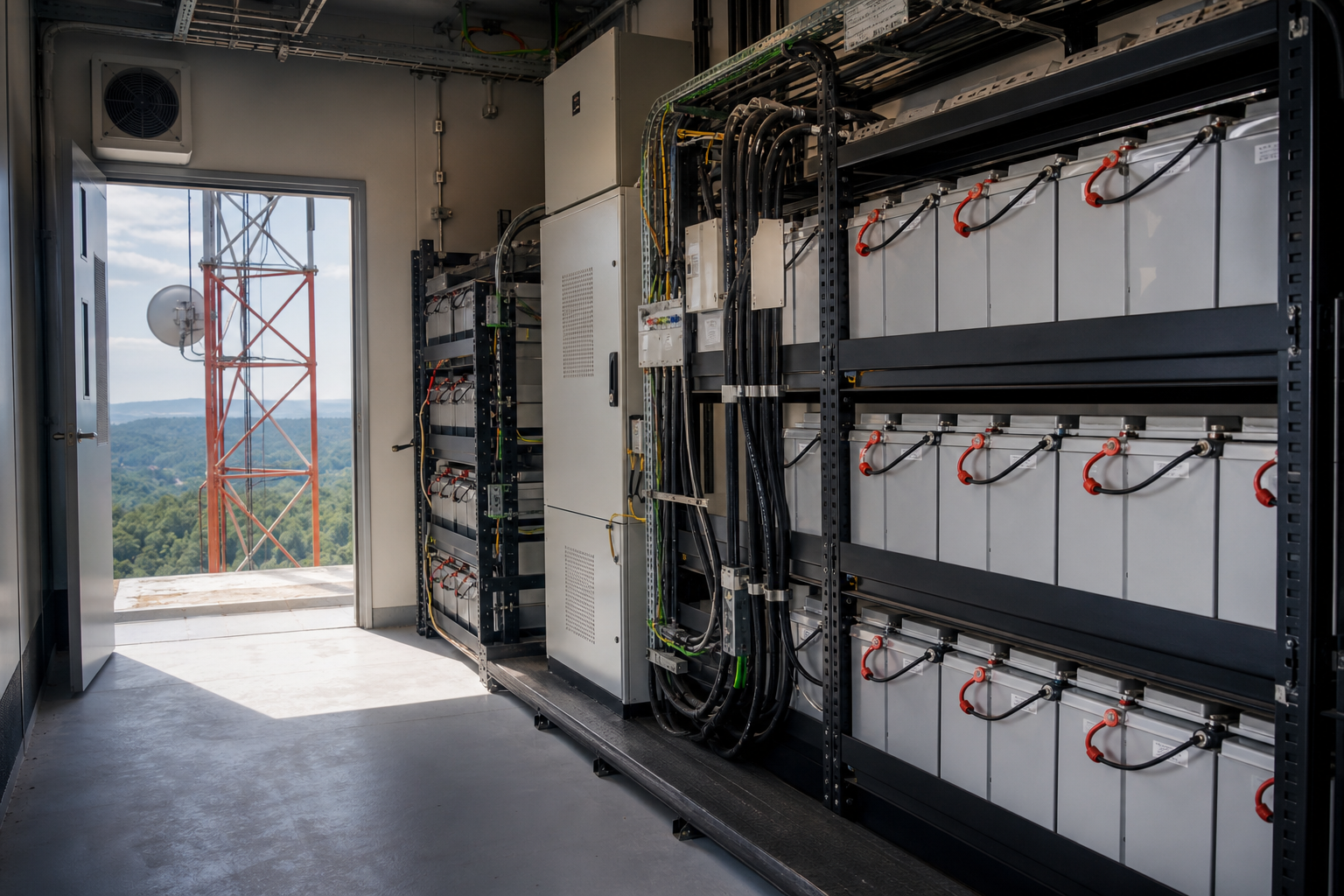 Telecom battery backup cabinets installed at a remote telecom tower site in a professional equipment room.