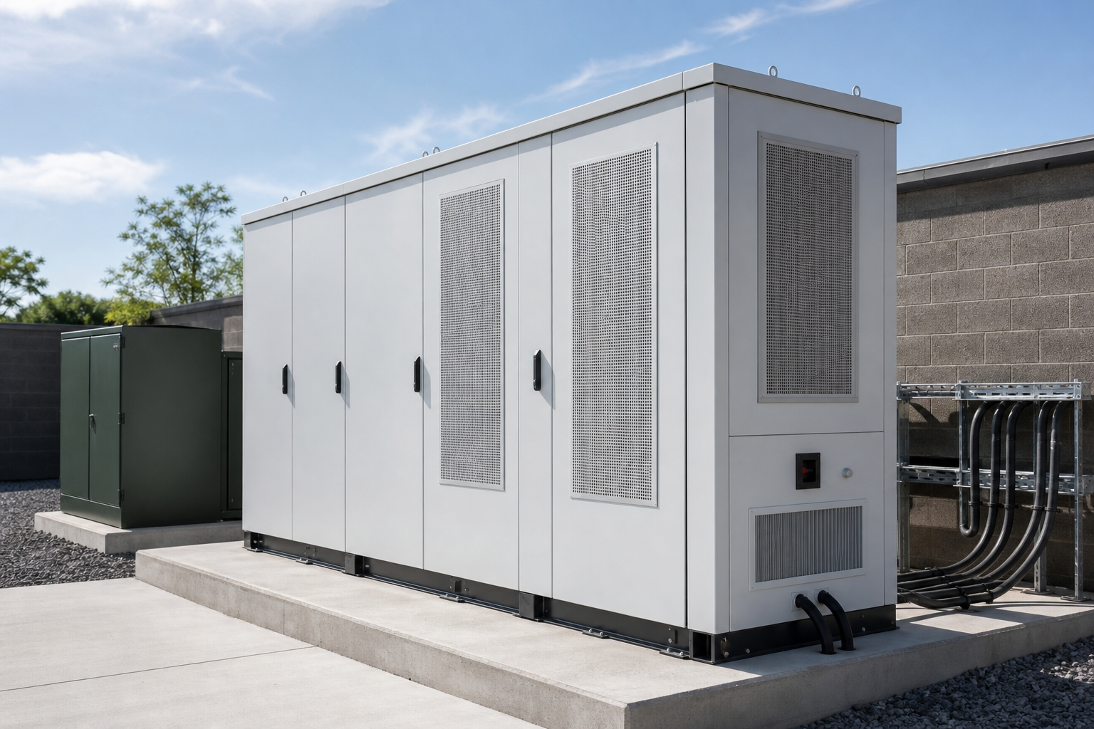 Outdoor commercial battery energy storage cabinet with cooling vents and industrial cabling.